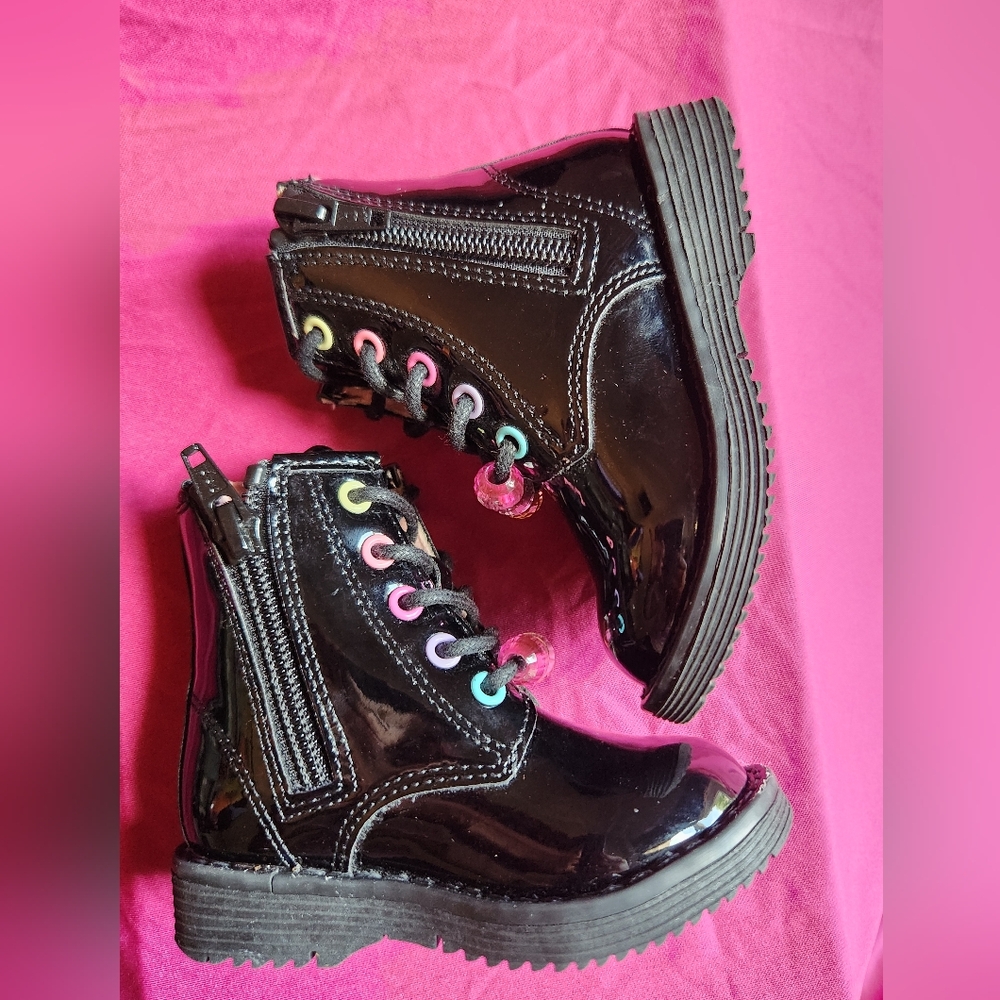 The Children's Place Black and Pink Combat Boots with Glossy Finish - Picture 9 of 11